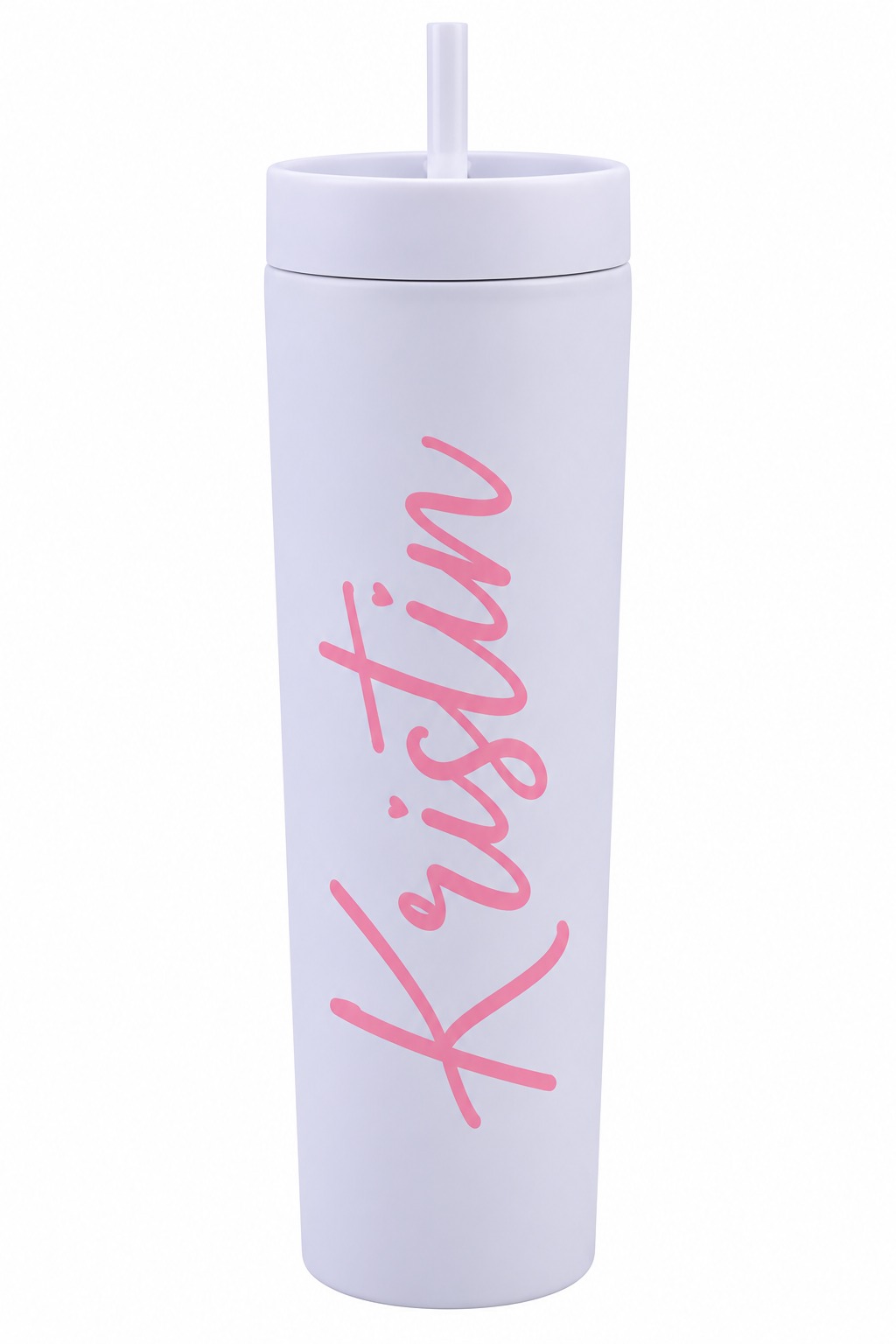 White tumbler with straw and a personalized name