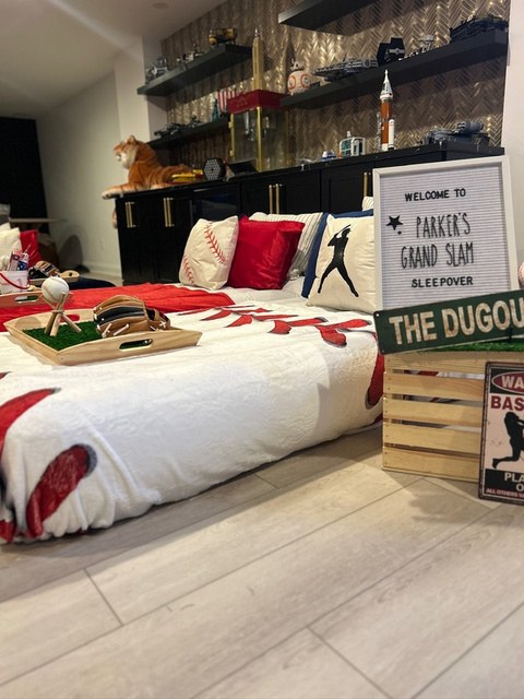 Baseball-themed mattresses set up without tents