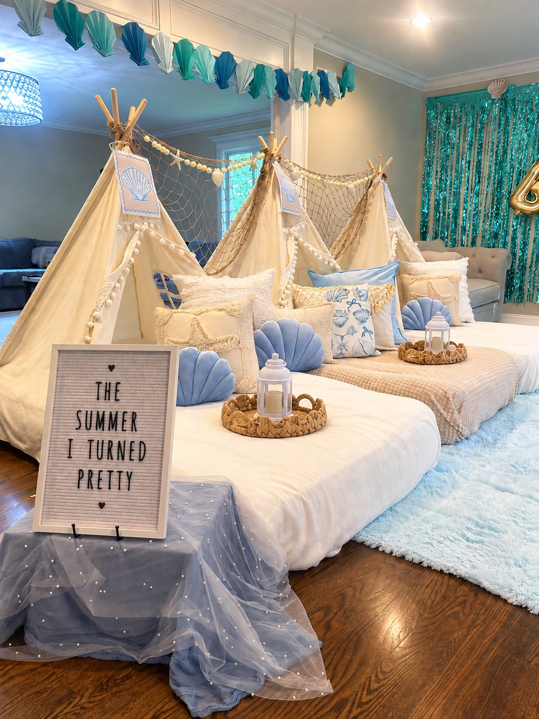 The Summer I Turned Pretty beach themed tent sleepover with seashell pillows